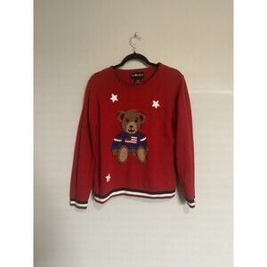 Vintage Medium Womens Sag Harbor Patriotic Americana Teddy Bear Sweater Red